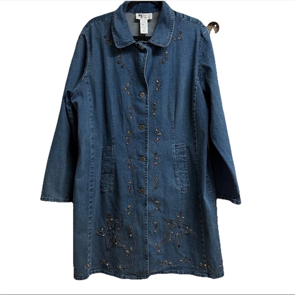Vintage Cottage Core Embellished Embroidery blue Denim dress Jacket Women Sz 1X